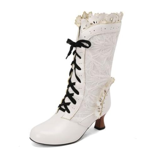Damen Vintage Schnürstiefel Wadenhoch Mit Blumenstickerei Runde Spitze Mittlere Kittenabsätze Strapazierfähiges PU Leder Obermaterial Slip On,Rot,43 EU von HQINGAXU