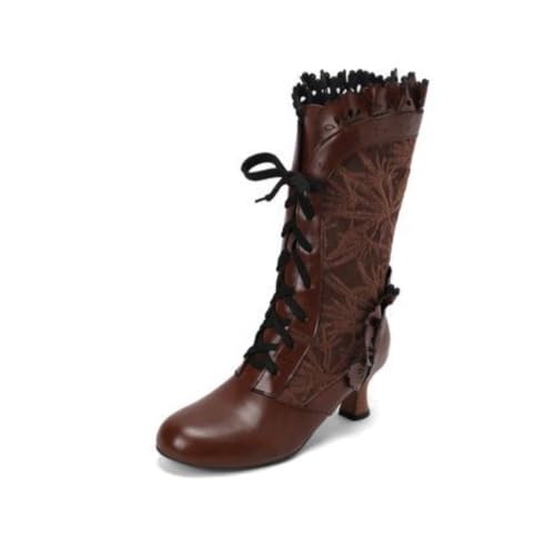 Damen Vintage Schnürstiefel Wadenhoch Mit Blumenstickerei Runde Spitze Mittlere Kittenabsätze Strapazierfähiges PU Leder Obermaterial Slip On,Weiß,46.5 EU von HQINGAXU