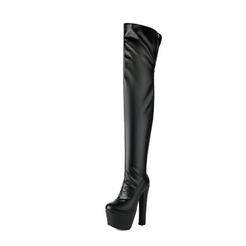 HQINGAXU Damen Elegante Thigh High Stiefel Mit Block-Chunky-Absatz Runder Zeh Plattform Hohe Absätze Over-The-Knee-Stiefel Winter Motorrad Stiefel Aus Lackleder Combat Boots,Schwarz,46 EU von HQINGAXU