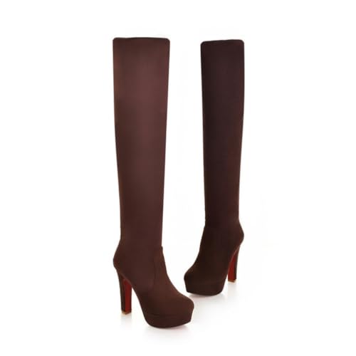 HQINGAXU Damen Kniehohe Stiefel Runde Zehen Plateau Stilettoabsatz Strapazierfähiges Wildleder Bequem Slip On Elegant Abend Party Prom Schuhe,Braun,41 EU von HQINGAXU