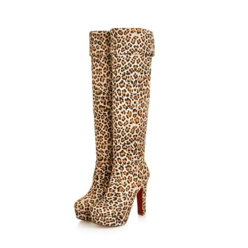 HQINGAXU Damen Kniehohe Stiefel Runde Zehen Plateau Stilettoabsatz Strapazierfähiges Wildleder Bequem Slip On Elegant Abend Party Prom Schuhe,Leopard Print,37.5 EU von HQINGAXU