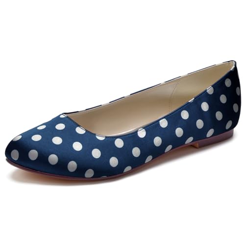 HQINGAXU Damen Komfortable Ballerinas Mit Geschlossenem Rundzehen Slip-On Brautschuhe Partyschuhe Sandalen Mit Punkten Satin Blockabsatz Ballerinas Für Den Alltag,Marine,39 EU von HQINGAXU