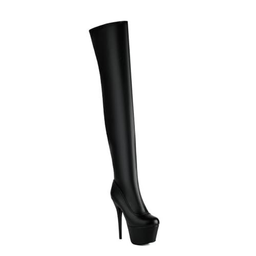 HQINGAXU Damen Over-The-Knee Rundspitze Plattform Elastische Lange Stiefel Super Hohe Absätze Stiletto Biker Stiefel Schwarze Matte Weite Waden Winter wasserdichte Lederstiefel,Schwarz,41 EU von HQINGAXU