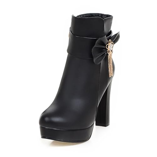 HQINGAXU Damen Retro Stiefeletten Mit Runder Spitze Schleifendekor PU Leder Obermaterial Mittlere Klobige High Heels Plateau Slip on Abend Schuhe,Schwarz,35.5 EU von HQINGAXU