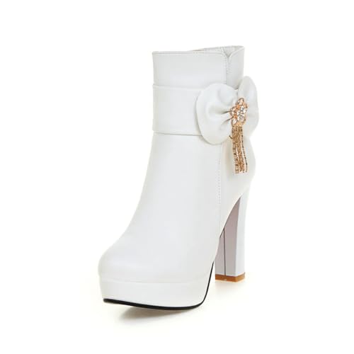 HQINGAXU Damen Retro Stiefeletten Mit Runder Spitze Schleifendekor PU Leder Obermaterial Mittlere Klobige High Heels Plateau Slip on Abend Schuhe,Weiß,37.5 EU von HQINGAXU