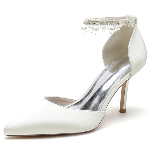 HQINGAXU Damen Sandalen Mit Geschlossener Spitze Hohe Absatz Pumps Satinband Brautschuhe Perlen Strass Stiletto High Heels Abend Hochzeitschuhe Knöchelriemen Festliche Schuhe,Elfenbein,39 EU von HQINGAXU