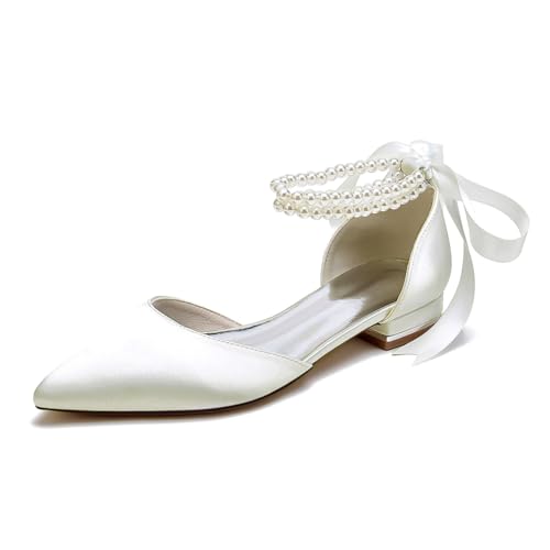 HQINGAXU Damen Sandalen Mit Perlenknöchelriemen in Uni-Farbe Spitzenschuh Braut Flats Bequeme Ballerinas Flache Absätze Formelle Blockabsätze Hochzeitskleid Schuhe,Elfenbein,40 EU von HQINGAXU