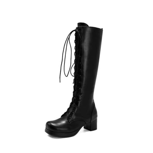 HQINGAXU Damen Schnürstiefel Bequeme High-Heel-Schuhe Blockabsatz Lange Motorradstiefel Seitlicher Reißverschluss Kniehohe wasserdichte Lange Winterstiefel Hohe Schaftstiefel,Schwarz,46.5 EU von HQINGAXU