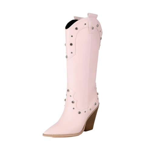 HQINGAXU Damen Spitzenzehen Strass Cowboy-Stiefel Lange Stiefel Chunky Blockabsatz Kniehohe Zum Hineinschlüpfen Winterwarme Western Reitstiefel Hohe Absatzstiefel Breite Waden,Rosa,39 EU von HQINGAXU