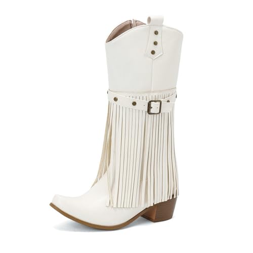 HQINGAXU Damen Stiefel Mit Rundspitze Chunky Blockabsätze Fransen Western Reitstiefel Mittelweite Wadenstiefel Cowboy Stiefel Aus Leder Seitlicher Reißverschluss Bikerstiefel,Weiß,38 EU von HQINGAXU