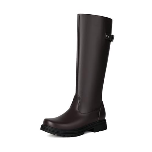 HQINGAXU Damen Stiefel Runder Zehenpartie Kniehohe Flacher Blockabsatz Arbeitsstiefel Motorradstiefel Große Größen Lederreitstiefel Seitenreißverschluss Schnalle Hohe Stiefel,Braun,37 EU von HQINGAXU