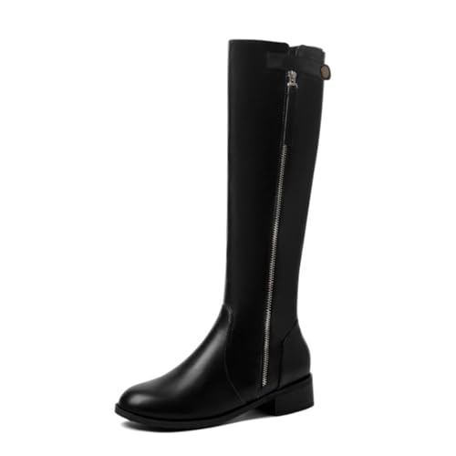 HQINGAXU Damen Stiefel Rundspitze Mittelhoher Absatz Reitstiefel Warme Winterfutter Leder Schwarzer Reißverschluss Weite Waden Arbeitsschuhe Chunky Absatz Stiefeletten Winter,Schwarz,46.5 EU von HQINGAXU