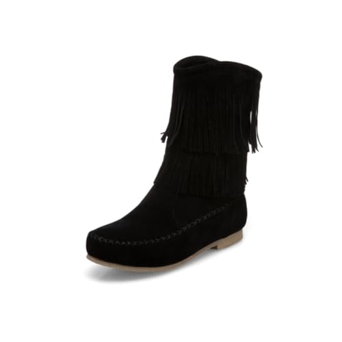 HQINGAXU Damen Stiefeletten Mit Fransen Aus Strapazierfähigem Wildleder Obermaterial Runde Bequeme Spitze Flache Absätze Zum Hineinschlüpfen Boho Alltagsschuhe,Schwarz,35.5 EU von HQINGAXU