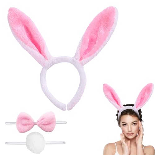 HQRKOTM Hasenohren und Schwanz Set, hasenohren haarreif，Bunny Ohren Haarreif Kostüm Set Kaninchen Haarreif Kragen und Schwanz für Kinder Erwachsene Karneval Cosplay Kostüm Party von HQRKOTM