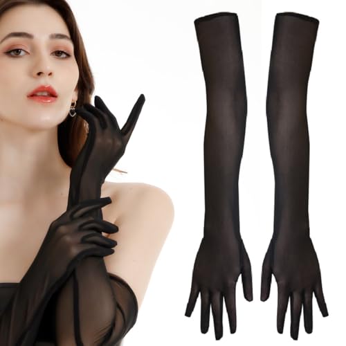 HQRKOTM Schwarze Handschuhe Lang Damen Lange Tüll Handschuhe Hochzeit Opera Party Ellenbogen Abendgarderobe, Nylon Handschuhe Für Bühnenshow, Halloween, Fasching, Mottoparty, 21.6inch(Schwarz) von HQRKOTM