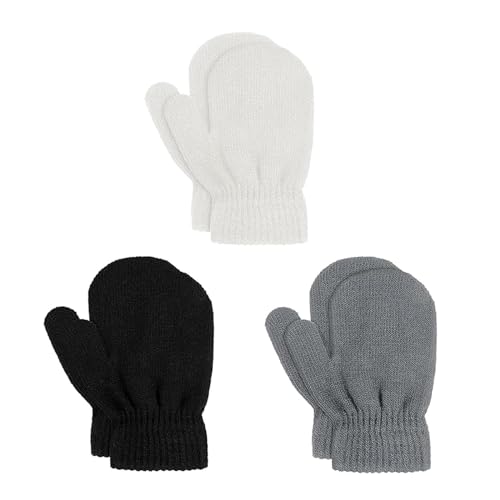 HQYBZP 3Paar Handschuhe,Handschuhe Kinder 2 Jahre, Fäustlinge Kinder, Strickhandschuhe Kinder Handschuhe Fäustlinge Für Jungen Mädchen Im Alter Von 1-5 (Schwarz, Weiß, Grau) von HQYBZP