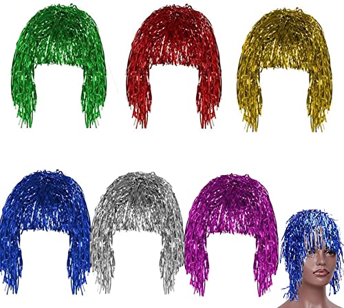 HREDZEO Lametta Perücken,6 Pcs Perücke Metallic Folie Lametta Perücken Kostüm Glänzende Party Perücke für Party Cosplay Zubehö von HREDZEO