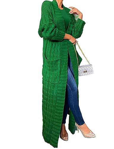 HRESSLBD Damen Dünner Typ Stilvoller Zopfstrick Dual Extra Lange Maxi Cardigan mit 2 Taschen, Cardigan-grün, XX-Large von HRESSLBD