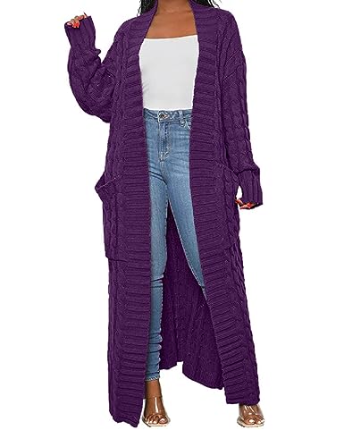 HRESSLBD Damen Dünner Typ Stilvoller Zopfstrick Dual Extra Lange Maxi Cardigan mit 2 Taschen, Cardigan-lila, XX-Large von HRESSLBD