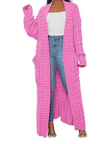 HRESSLBD Damen Dünner Typ Stilvoller Zopfstrick Dual Extra Lange Maxi Cardigan mit 2 Taschen, Strickjacke, Hot Pink, Klein von HRESSLBD