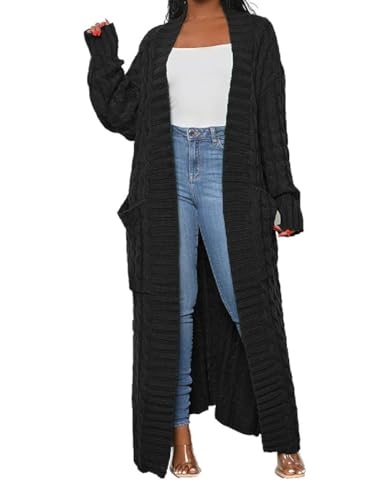 HRESSLBD Damen Dünner Typ Stilvoller Zopfstrick Dual Extra Lange Maxi Cardigan mit 2 Taschen, Strickjacke, schwarz, Klein von HRESSLBD