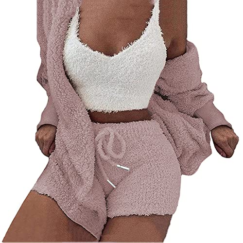 HRESSLBD Damen Warm Fuzzy 3 Stück Outfit Pyjama Sherpa Kapuze Cardigan Outwear Ärmellos Crop Tops Shorts Nachtwäsche Set, Cameo Braun, S von HRESSLBD