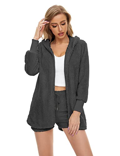 HRESSLBD Damen Warm Fuzzy 3 Stück Outfit Pyjama Sherpa Kapuze Cardigan Outwear Ärmellos Crop Tops Shorts Nachtwäsche Set, Neu Dunkelgrau, L von HRESSLBD