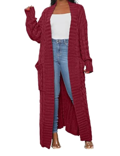 HRESSLBD Dünne, stilvolle Damen-Strickjacke mit Zopfmuster, 2 Taschen, extra lang, Strickjacke, Weinrot, XX-Large von HRESSLBD