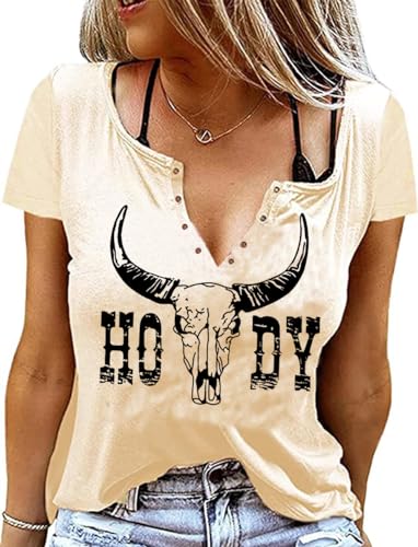 Retro Western Cowboy-Hemd für Damen, Country-Musik, niedlicher Rinder-Schädel, Grafik, Konzert-Outfit, Tops, Beige2, Mittel Retro Western Cowboy-Hemd für Damen, Country-Musik, niedlicher Rinder-Schädel, Grafik, Konzert-Outfit, Tops, Beige2, Mittel von HRIUYI