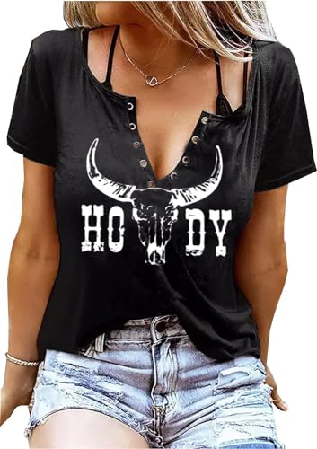 Retro Western Cowboy-Hemd für Damen, Country-Musik, niedlicher Rinder-Schädel, Grafik, Konzert-Outfit, Tops, Schwarz2, Groß Retro Western Cowboy-Hemd für Damen, Country-Musik, niedlicher Rinder-Schädel, Grafik, Konzert-Outfit, Tops, Schwarz2, Groß von HRIUYI