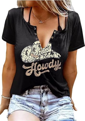 Retro Western Cowboy-Hemd für Damen, Country-Musik, niedlicher Rinder-Schädel, Grafik, Konzert-Outfit, Tops, Schwarz3, Groß von HRIUYI