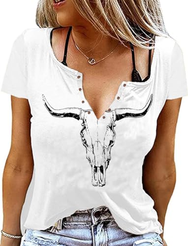 Retro Western Cowboy-Hemd für Damen, Country-Musik, niedlicher Rinder-Schädel, Grafik, Konzert-Outfit, Tops, Weiß 15, Klein Retro Western Cowboy-Hemd für Damen, Country-Musik, niedlicher Rinder-Schädel, Grafik, Konzert-Outfit, Tops, Weiß 15, Klein von HRIUYI