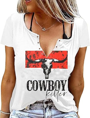 Retro Western Cowboy-Hemd für Damen, Country-Musik, niedlicher Rinder-Schädel, Grafik, Konzert-Outfit, Tops, White16, Mittel Retro Western Cowboy-Hemd für Damen, Country-Musik, niedlicher Rinder-Schädel, Grafik, Konzert-Outfit, Tops, White16, Mittel von HRIUYI