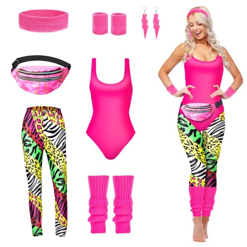 HRKVSK 80er Jahre Outfit Damen Accessoires Set, Damen 80er Jahre Workout Kostüm, mit Trikot, Leggings, Stirnband, Armbänder, Beinwärmer, Ohrringe, Gürteltasche, für Karneval Cosplay Party, M von HRKVSK