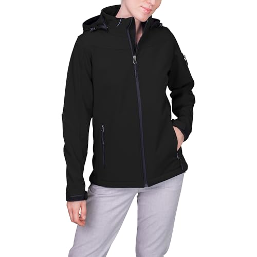 HRM Damen Hooded Softshell Jacket, schwarz, Gr. L I Premium Softshelljacke Damen wasserabweisend I 5.000mm Wassersäule I Funktionsjacke I Workwear I Hochwertige & nachhaltige Damen-Bekleidung von HRM