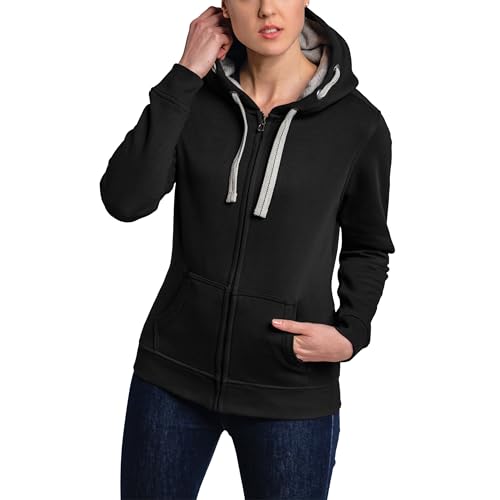 HRM Damen Hooded Jacket, schwarz, Gr. XS I Premium Kapuzenjacke Damen mit Kontrast-Innenfutter I Basic Hoodie mit Reißverschluss I Zip Hoodie I Hochwertige & nachhaltige Damen-Oberteile von HRM