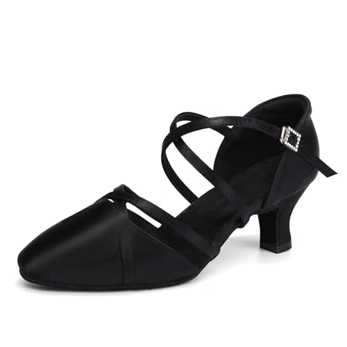 HROYL Damen Latein Tanzschuhe Salsa Ballsaal Satin Latein Geschlossen Tanzschuhe Standard und Latein,EM-933-DB-Black-5-S,EU 36.5 von HROYL