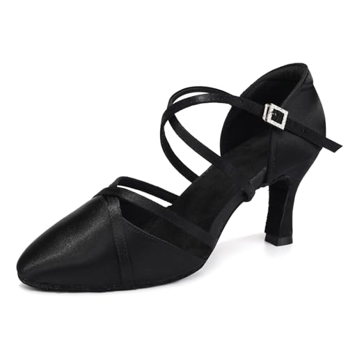 HROYL Damen Latein Tanzschuhe Salsa Ballsaal Satin Latein Geschlossen Tanzschuhe Standard und Latein,EM-933-DB-Black-7-S,EU 40 von HROYL