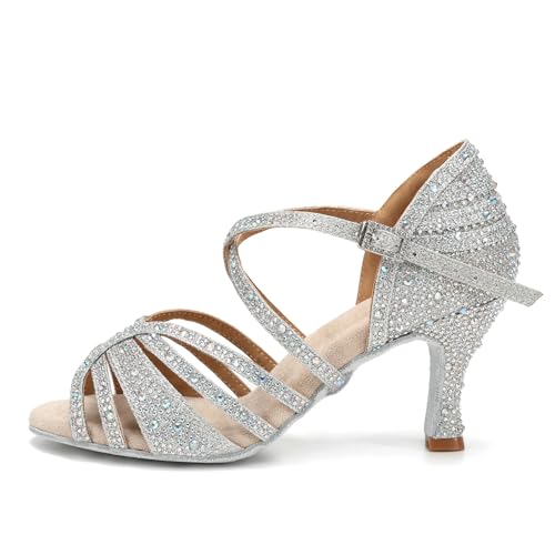 HROYL Tanzschuhe Latein Salsa Glitzer Damen Latein Tanzschuhe Salsa Ballsaal,YCL356-7.5,Silber,EU 36 von HROYL