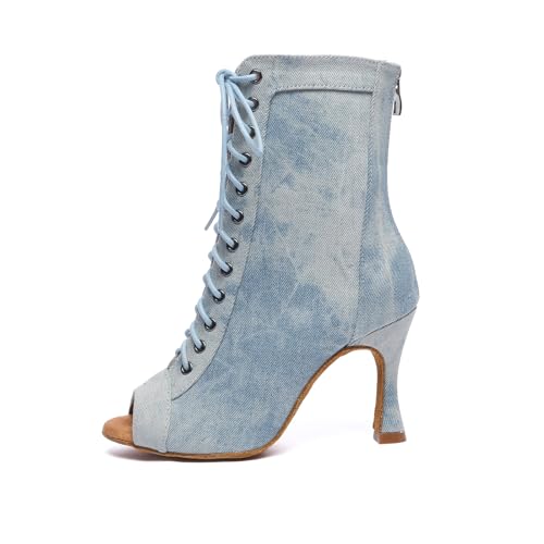 HROYL Tanzstiefel Damen Latein Schnürstiefel Absatz Stöckelschuhe Salsa Tango Bachata Hochzeit Praxis Performance Stiefel, L608-Blau-8.5, 40EU von HROYL