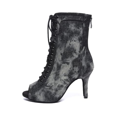 HROYL Tanzstiefel Damen Latein Schnürstiefel Absatz Stöckelschuhe Salsa Tango Bachata Hochzeit Praxis Performance Stiefel, L608-SchwarzP-8.5, 40.5EU von HROYL