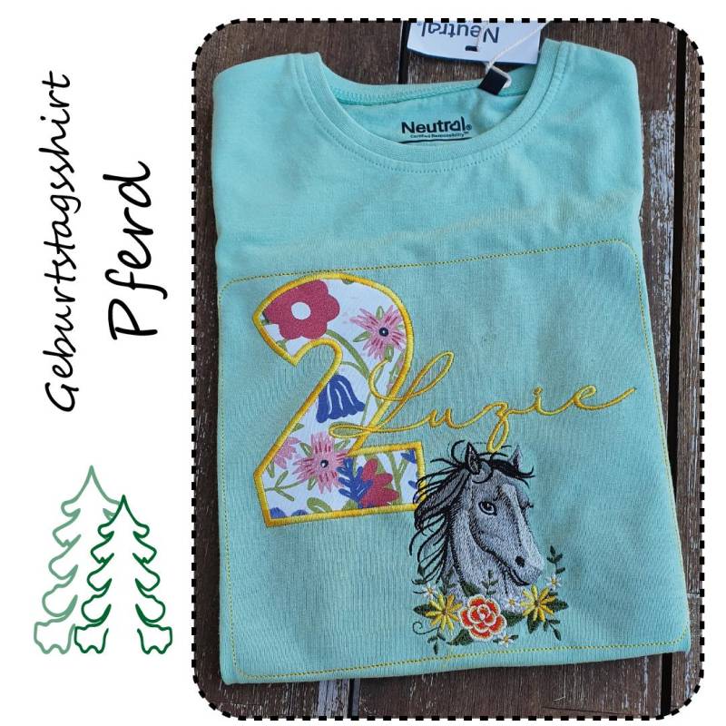 Pferd 2 Geburtstagsshirt 100% Biobaumwolle Bestickt von HRStickservice