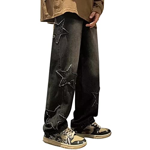 Baggy Jeans Herren mit Print Jeanshose für Männer mit Sterne Drucken Wide Leg Baggy+Jeans+Herren Hip Hop Jeans Y2K Lockere Gewaschene Jeanshosen Schwarz Fashion Oversized Jeans von HRTLSS