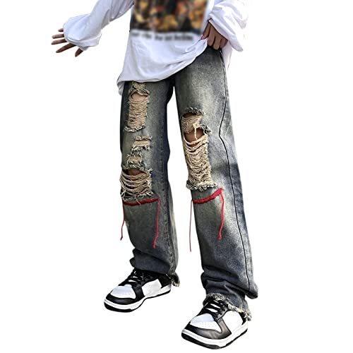 Jeans Baggy Herren Jeanshosen Used Look Zerrissene Ripped Jeans Breite Baggy Jeans mit Print Wide Leg Lockere Jeanshose Freizeithose Grunge Style Y2K Baggy Jeans Streetwear von HRTLSS