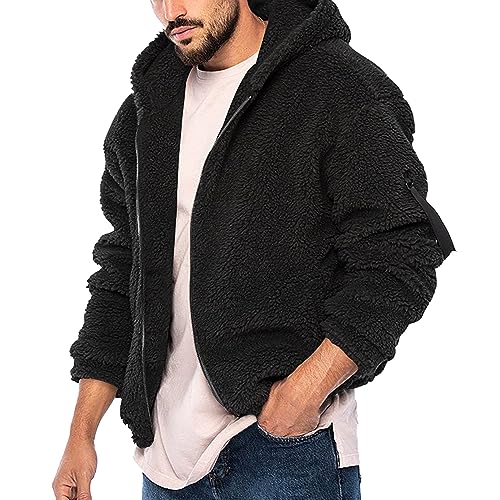 Sweatjacke Herren mit Kapuze Plüsch Kapuzenjacke Fuzzy Teddy Hoodie Reißverschluss Schwarz Grau Beige Blau Kapuzenpullover Winter Warm Pullover Einfarbig Kapuzenpulli Hoodies Kapuzen-Sweat von HRTLSS