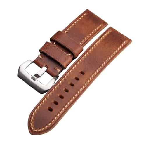 HRTUFN Handgefertigtes Lederarmband 20 21 22 23 24 26 MM, verdicktes Herren-Armband aus erster Schicht Rindsleder, weiches Vintage-Armband for PAM 111 441(Brown silver buckle,20mm) von HRTUFN