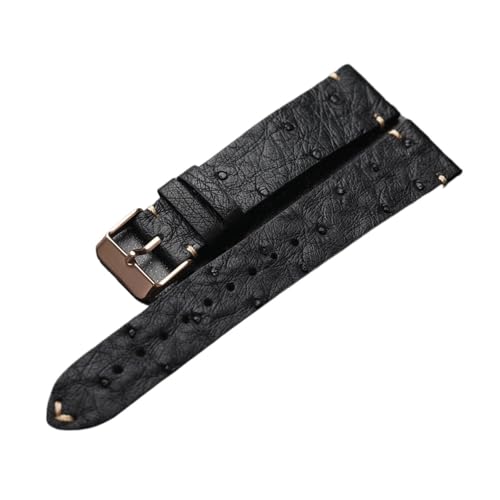 HRTUFN Handgefertigtes ultradünnes Straußenleder-Uhrenarmband 18 19 20 21 22 MM Schwarz Herren-Armband im Vintage-Stil(Rose gold buckle,19mm) von HRTUFN