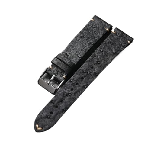 HRTUFN Handgefertigtes ultradünnes Straußenleder-Uhrenarmband 18 19 20 21 22 MM Schwarz Herren-Armband im Vintage-Stil(Silver Buckle,21mm) von HRTUFN