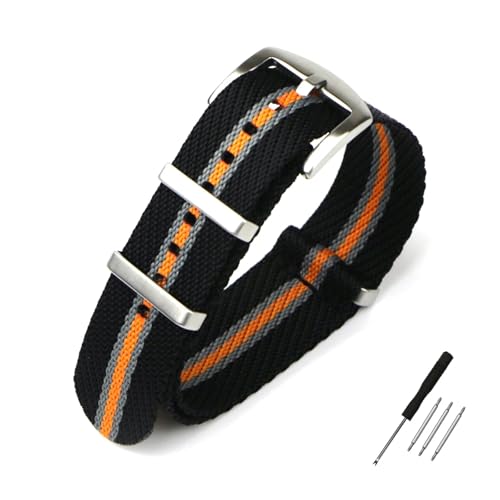 HRTUFN Nylon-Uhrenarmband, 20 mm, 22, Streifen-Uhrenarmband, Ersatzarmband, Militärarmband, Zubehör, Uhrenarmbänder(Black grey orange 1,20mm) von HRTUFN