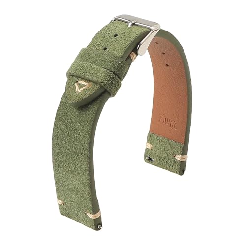 HRTUFN Schnellverschluss-Armband aus weichem Wildleder, 18 mm, 19, 20, 21, 22, 24, Kalbslederarmband, Damen- und Herrenarmband, handgenähtes Retro-Armband(Grün,20mm) von HRTUFN